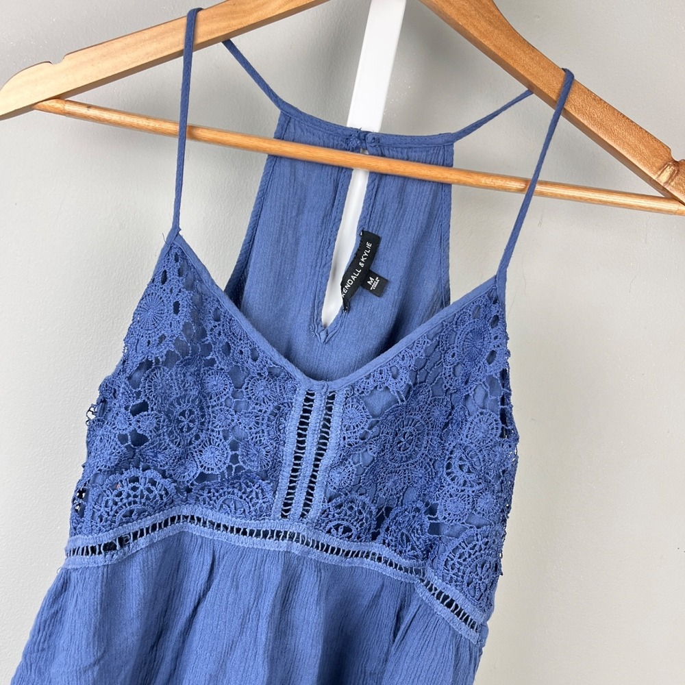 Kendall & Kylie Babydoll Tank Top Womens M‎ Blue Lace Front Boho Hippie Festival